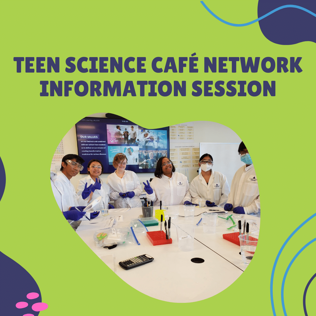 5 intersectional teens wearing face masks, rubber gloves, and lab coats standing in front of a table with science experimental equipment.